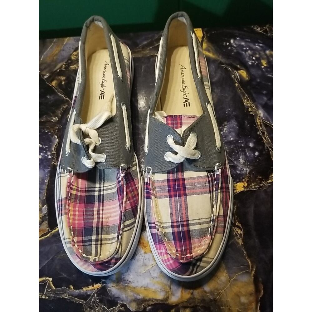 American Eagle Boat Women's Shoe Plaid Fabric Pink Gray White Sz 10